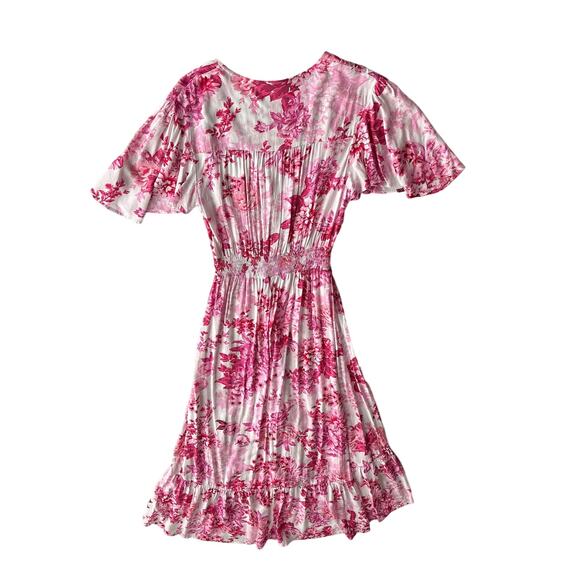 Abel the Label Pink Floral High Low Ruffle Hem Flutter Sleeve‎ Maxi Dress M - Picture 2 of 9